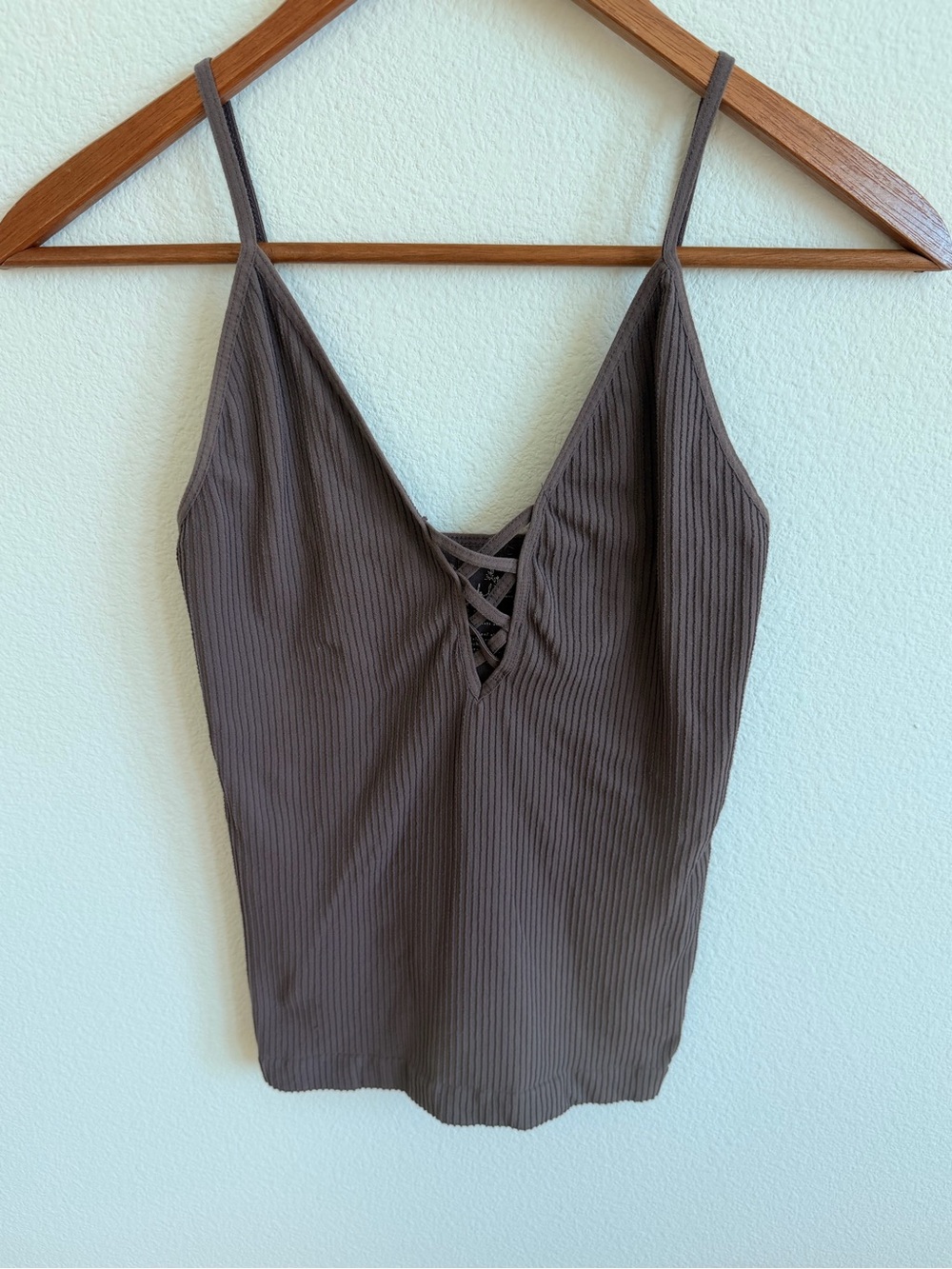 Ribbed Lace-Up V-Neck Camisole - Brown